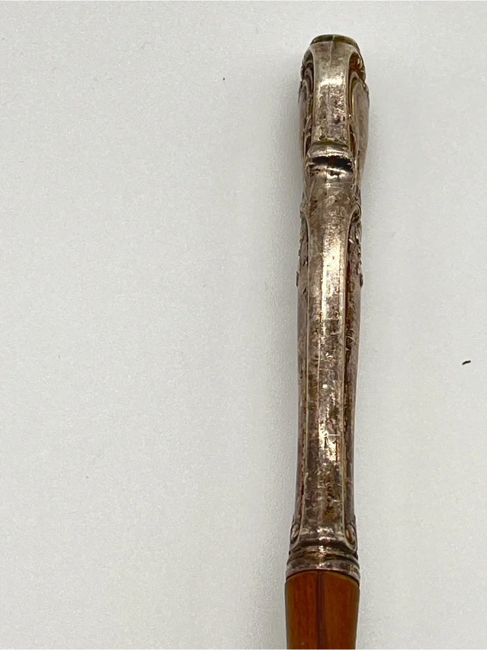 Vintage WEB wooden salad serving fork with ornate STERLING silver  handle.